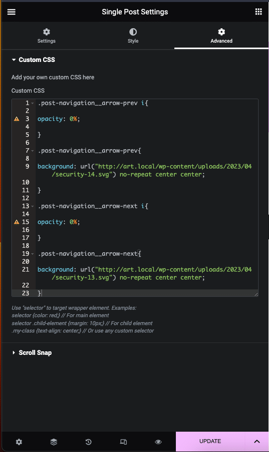 Screenshot of the CSS pasted into Elementor's Custom CSS
