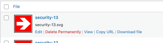 Screenshot of the red square with a white arrow in the media library with the available options underneath