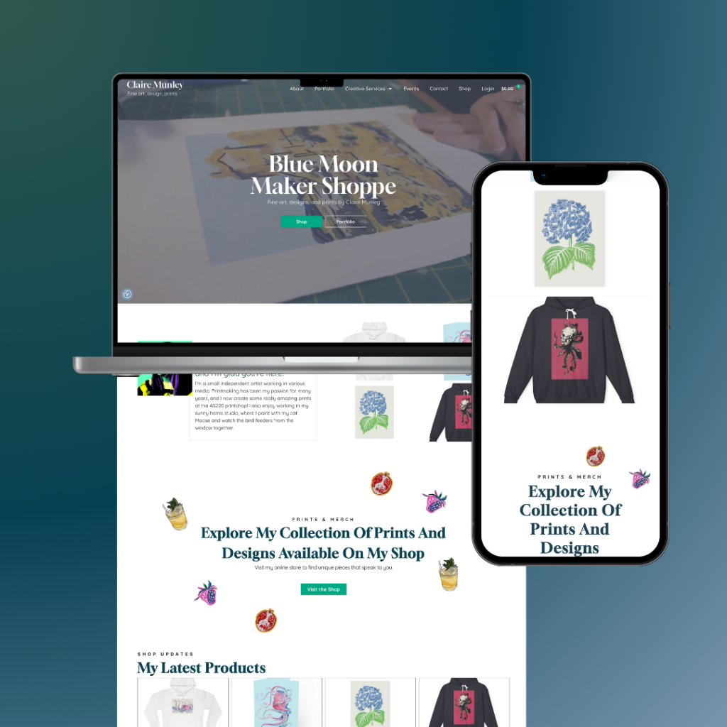 Mockup of bluemoonmakershoppe.com on a macbook and an iphone next to each other.